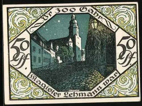 Notgeld Scheibenberg 1921, 50 Pfennig, Ortsansicht mit Bergmann, Kirche bei Nacht