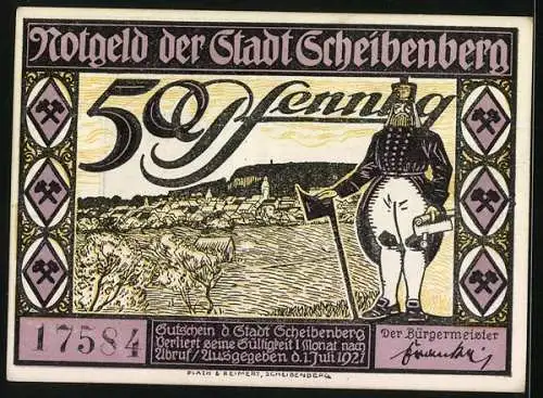 Notgeld Scheibenberg 1921, 50 Pfennig, Ortsansicht mit Bergmann, Kirche bei Nacht