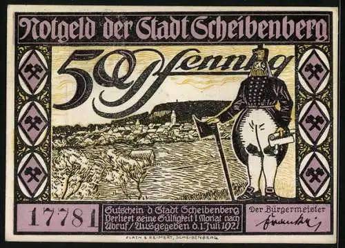 Notgeld Scheibenberg 1921, 50 Pfennig, Ortsansicht mit Bergmann, Strassenpartie im Sonnenschein