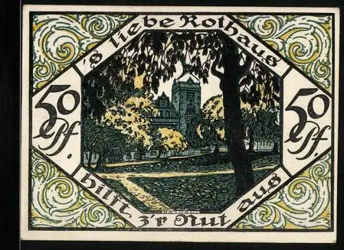 Notgeld Scheibenberg 1921, 50 Pfennig, Ortsansicht mit Bergmann, Rothaus