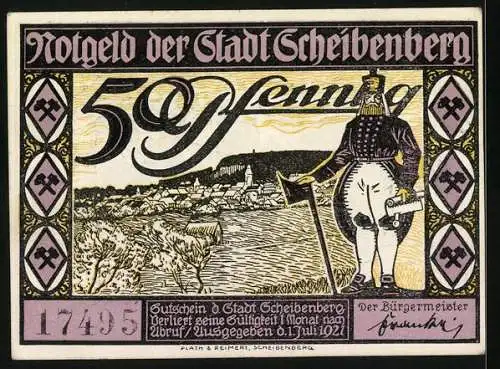 Notgeld Scheibenberg 1921, 50 Pfennig, Ortsansicht mit Bergmann, Rothaus