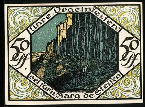 Notgeld Scheibenberg 1921, 50 Pfennig, Ortsansicht mit Bergmann, Orgelpfeifen