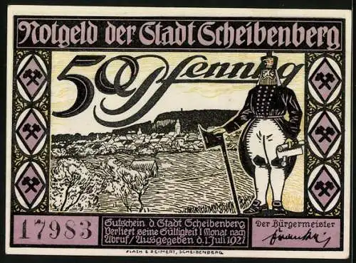 Notgeld Scheibenberg 1921, 50 Pfennig, Ortsansicht mit Bergmann, Orgelpfeifen