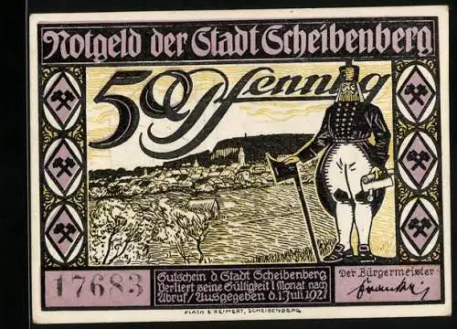 Notgeld Scheibenberg 1921, 50 Pfennig, Ortsansicht mit Bergmann, Aussichtsturm