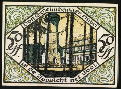 Notgeld Scheibenberg 1921, 50 Pfennig, Ortsansicht mit Bergmann, Aussichtsturm