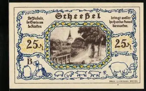 Notgeld Scheessel 1921, 25 Pfennig, Wappen mit Trachtenfiguren, Kirchen-Partie, Bäuerin mit Schweinen