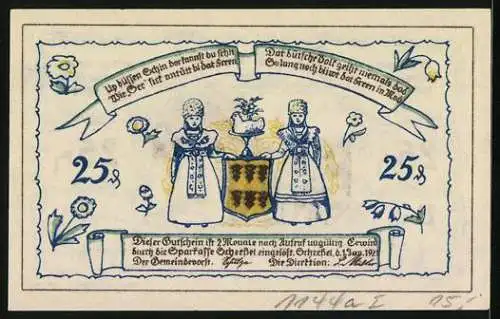 Notgeld Scheessel 1921, 25 Pfennig, Wappen mit Trachtenfiguren, Kirchen-Partie, Bäuerin mit Schweinen