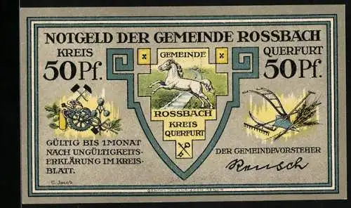 Notgeld Rossbach /Querfurt, 50 Pfennig, Siegesdenkmal, Wappen, Bergbau- und Landwirtschafts-Stilleben