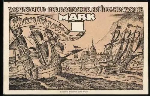 Notgeld Rostock 1922, 1 Mark, Rostocker Frühjahrswoche, Hansazeit um 1400, Stilisierter Reichsadler