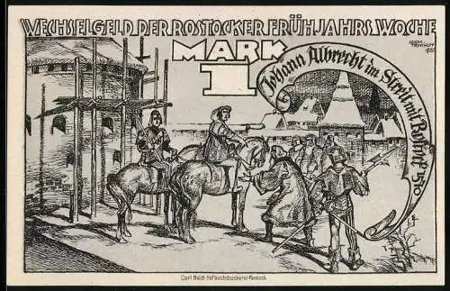 Notgeld Rostock 1922, 1 Mark, Rostocker Frühjahrswoche, Streit Johann Albrechts mit der Stadt, Stilisierter Reichsadler