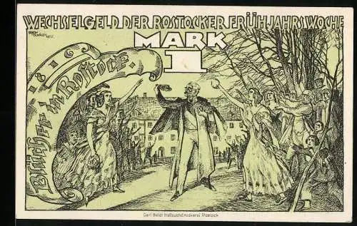 Notgeld Rostock 1922, 1 Mark, Rostocker Frühjahrswoche, Blücher in der Stadt, Stilisierter Reichsadler