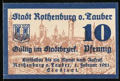 Notgeld Rothenburg ob der Tauber 1921, 10 Pfennig, Wappen und Ortsansicht