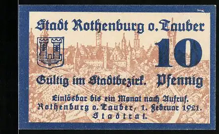 Notgeld Rothenburg ob der Tauber 1921, 10 Pfennig, Wappen über Ortsansicht