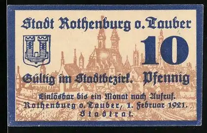 Notgeld Rothenburg ob der Tauber 1921, 10 Pfennig, Wappen mit Ortsansicht