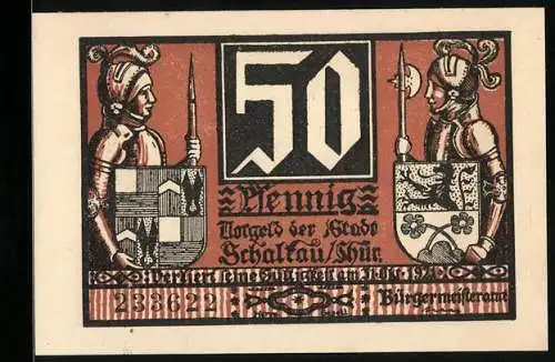 Notgeld Schalkau /Thür. 1921, 50 Pfennig, Ritter mit Wappen, Kreuzzug Kaiser Rotbarts