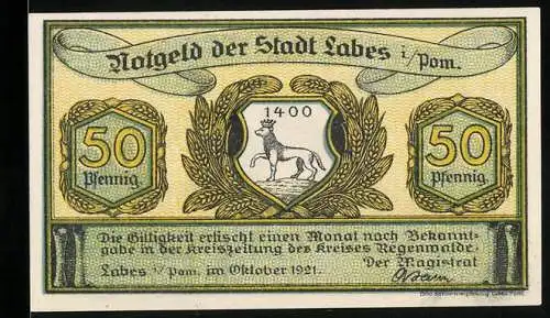 Notgeld Labes i. Pom. 1921, 50 Pfennig, Wappen, Bürgerpaar im trauten Heim