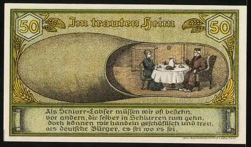 Notgeld Labes i. Pom. 1921, 50 Pfennig, Wappen, Bürgerpaar im trauten Heim