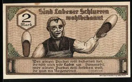 Notgeld Labes i. Pom. 1921, 2 Mark, Wappen, Schuhmacher mit Labeser Schlurren