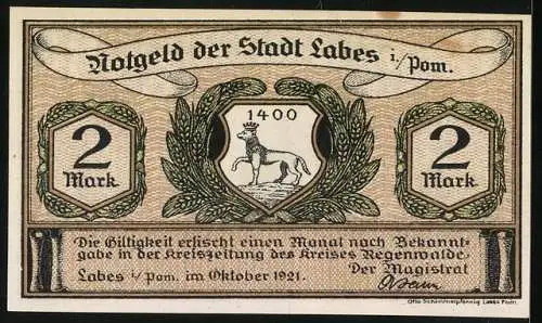 Notgeld Labes i. Pom. 1921, 2 Mark, Wappen, Schuhmacher mit Labeser Schlurren