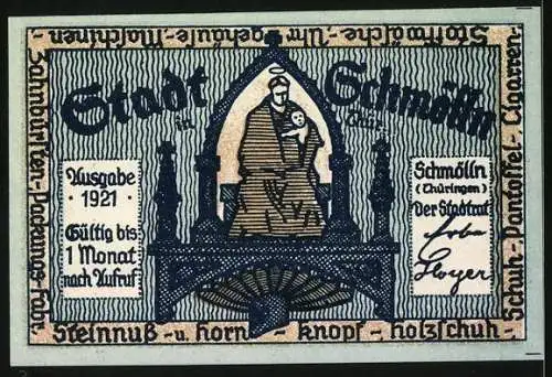 Notgeld Schmölln /Thür. 1921, 50 Pfennig, Wappen, Bürgermeister am Schreibtisch