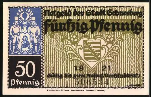 Notgeld Schneeberg 1921, 50 Pfennig, Wappen, Bergmannfiguren, Rosental