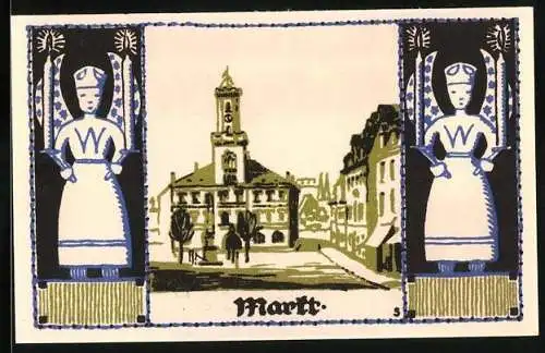 Notgeld Schneeberg 1921, 50 Pfennig, Wappen, Engelfiguren, Markt