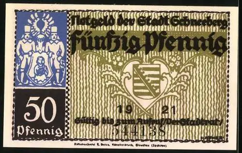 Notgeld Schneeberg 1921, 50 Pfennig, Wappen, Engelfiguren, Markt