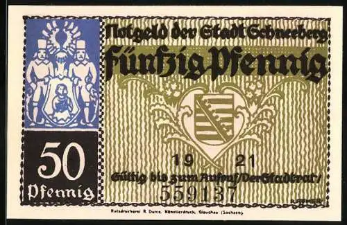 Notgeld Schneeberg 1921, 50 Pfennig, Wappen, Bergmannfiguren, Ortsansicht