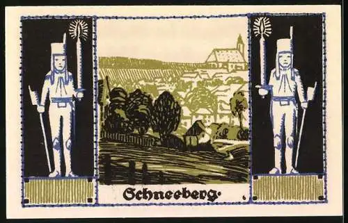 Notgeld Schneeberg 1921, 50 Pfennig, Wappen, Bergmannfiguren, Ortsansicht