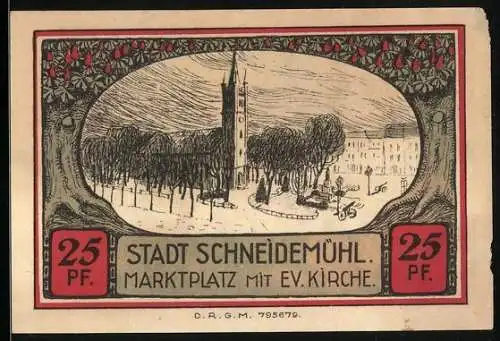 Notgeld Schneidemühl, 25 Pfennig, Wappen, Marktplatz mit ev. Kirche