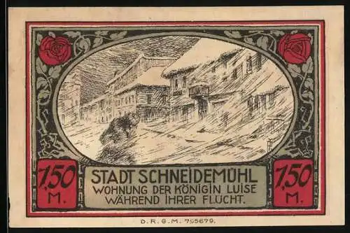 Notgeld Schneidemühl, 1 Mark 50 Pfennig, Wappen, Wohnung der Königin Luise