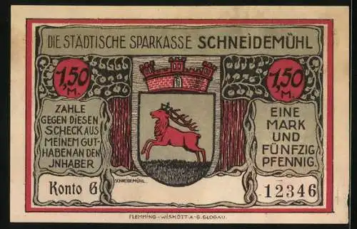 Notgeld Schneidemühl, 1 Mark 50 Pfennig, Wappen, Wohnung der Königin Luise