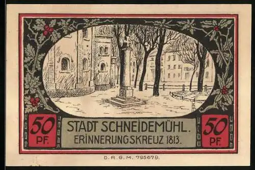 Notgeld Schneidemühl, 50 Pfennig, Wappen, Erinnerungskreuz 1813