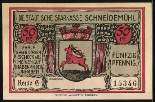 Notgeld Schneidemühl, 50 Pfennig, Wappen, Erinnerungskreuz 1813