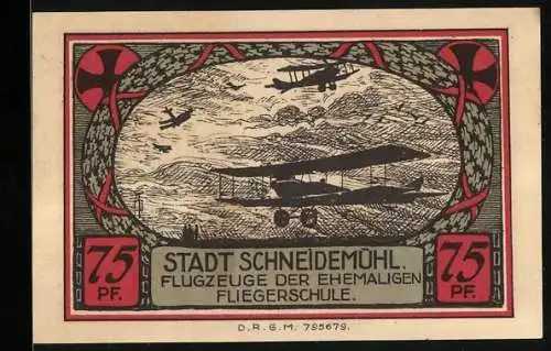 Notgeld Schneidemühl, 75 Pfennig, Wappen, Flugzeuge der ehem. Fliegerschule