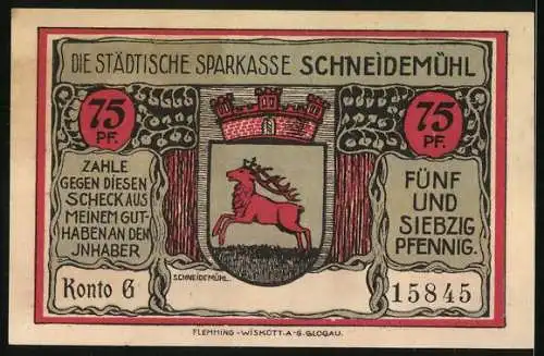 Notgeld Schneidemühl, 75 Pfennig, Wappen, Flugzeuge der ehem. Fliegerschule