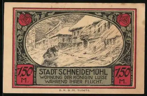Notgeld Schneidemühl, 1 Mark 50 Pfennig, Wappen, Wohnung Königin Luise