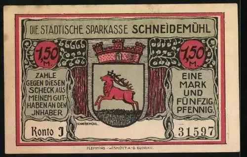 Notgeld Schneidemühl, 1 Mark 50 Pfennig, Wappen, Wohnung Königin Luise