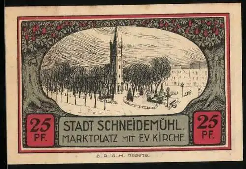 Notgeld Schneidemühl, 25 Pfennig, Wappen, Marktplatz mit ev. Kirche u. Denkmal