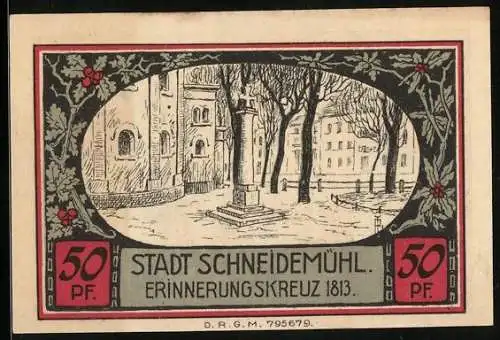 Notgeld Schneidemühl, 50 Pfennig, Wappen, Partie am Erinnerungskreuz 1813