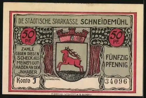 Notgeld Schneidemühl, 50 Pfennig, Wappen, Partie am Erinnerungskreuz 1813