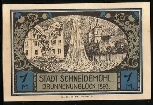 Notgeld Schneidemühl, 1 Mark, Wappen, Brunnenunglück 1893