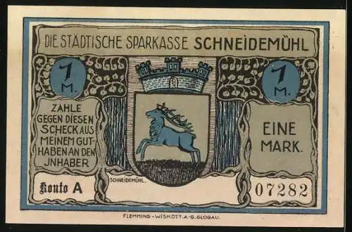 Notgeld Schneidemühl, 1 Mark, Wappen, Brunnenunglück 1893