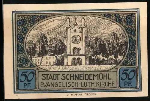 Notgeld Schneidemühl, 50 Pfennig, Wappen, Ev.-luth. Kirche