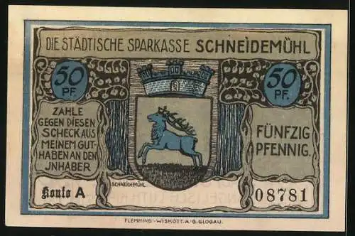 Notgeld Schneidemühl, 50 Pfennig, Wappen, Ev.-luth. Kirche