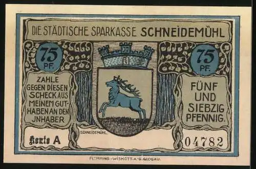 Notgeld Schneidemühl, 75 Pfennig, Wappen, Regierungsgebäude