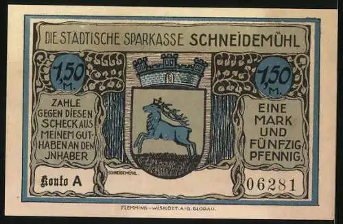 Notgeld Schneidemühl, 1 Mark 50 Pfennig, Wappen, Friedrichstein in Königsblick