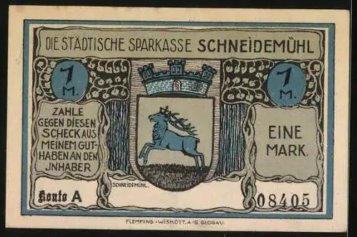 Notgeld Schneidemühl, 1 Mark, Wappen, Brunnenunglück im Jahr 1893