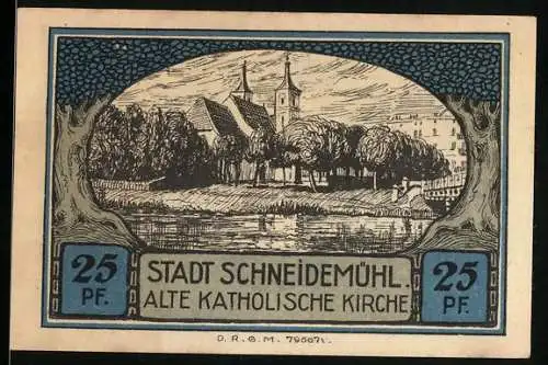 Notgeld Schneidemühl, 25 Pfennig, Wappen, Panorama mit alter kath. Kirche