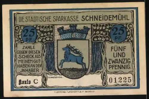 Notgeld Schneidemühl, 25 Pfennig, Wappen, Panorama mit alter kath. Kirche